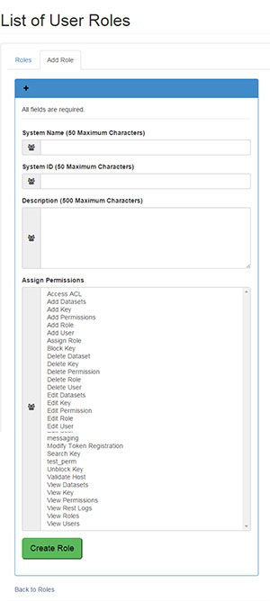 Add role page, which lets you create name, system ID, 500 character description, and chose permissions