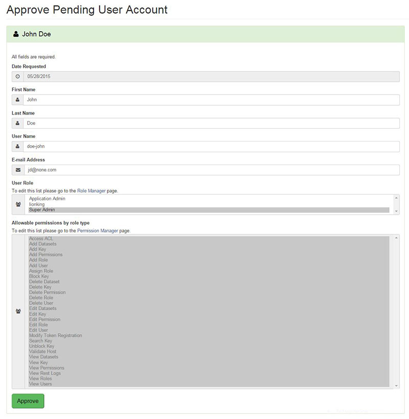 Pending user account page were profile is updated with permissions or any other necessary information