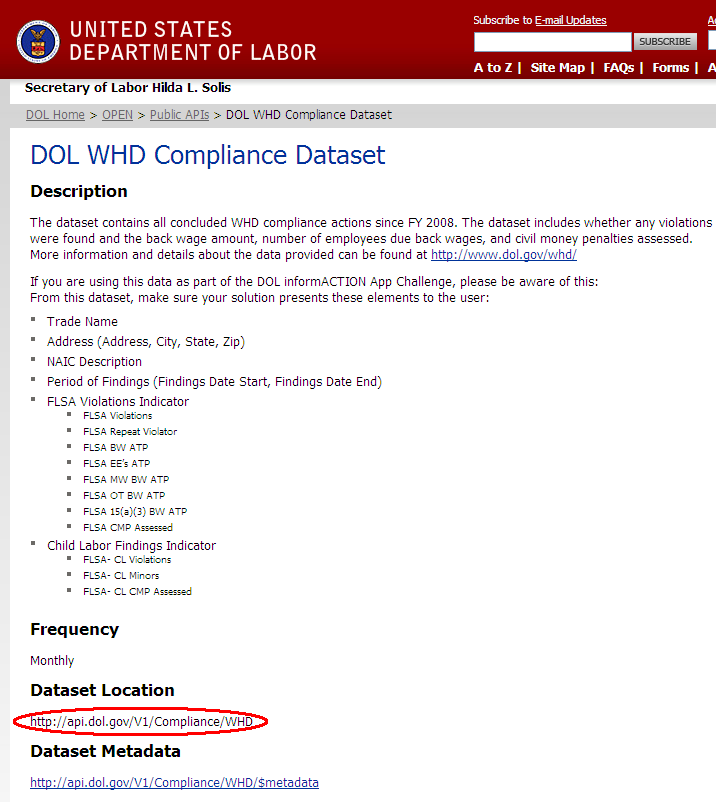 Locate Dataset Path for DOl API Dataset Sample please use http://api.dol.gov/V1/Compliance/WHD